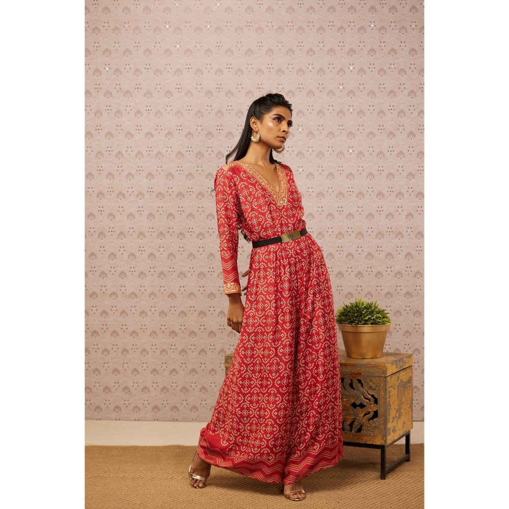 Soup by Sougat Paul Red Bandhej Printed Jumpsuit with Belt (Set of 2)