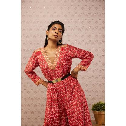 Soup by Sougat Paul Red Bandhej Printed Jumpsuit with Belt (Set of 2)