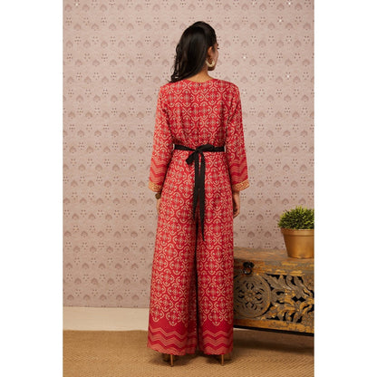 Soup by Sougat Paul Red Bandhej Printed Jumpsuit with Belt (Set of 2)