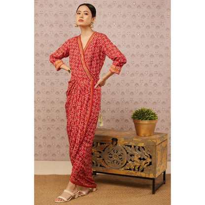 Soup by Sougat Paul Red Bandhej Printed Overlap Drape Dress
