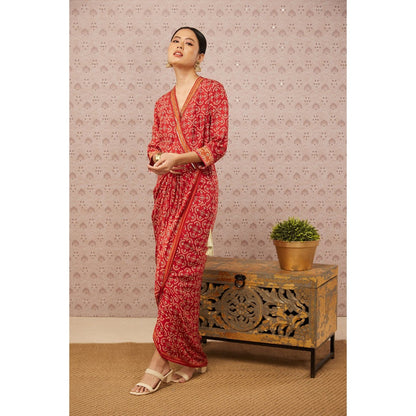 Soup by Sougat Paul Red Bandhej Printed Overlap Drape Dress
