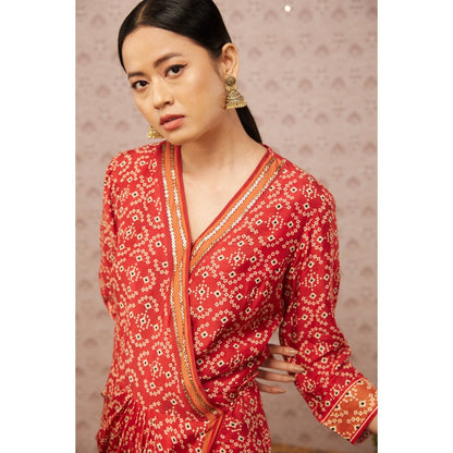 Soup by Sougat Paul Red Bandhej Printed Overlap Drape Dress