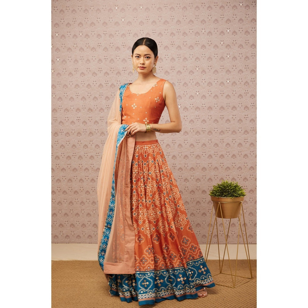 Soup by Sougat Paul Orange and Blue Bandhej Printed Lehenga with Dupatta (Set of 3)