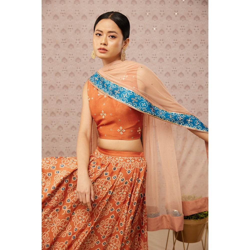 Soup by Sougat Paul Orange and Blue Bandhej Printed Lehenga with Dupatta (Set of 3)