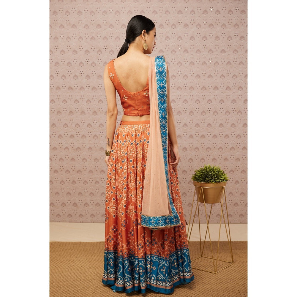 Soup by Sougat Paul Orange and Blue Bandhej Printed Lehenga with Dupatta (Set of 3)