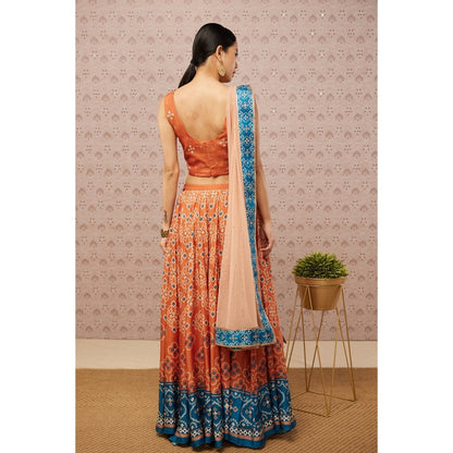 Soup by Sougat Paul Orange and Blue Bandhej Printed Lehenga with Dupatta (Set of 3)