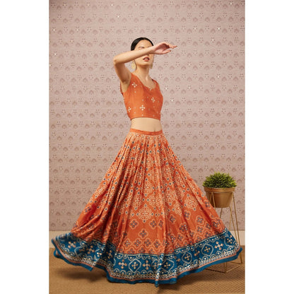 Soup by Sougat Paul Orange and Blue Bandhej Printed Lehenga with Dupatta (Set of 3)