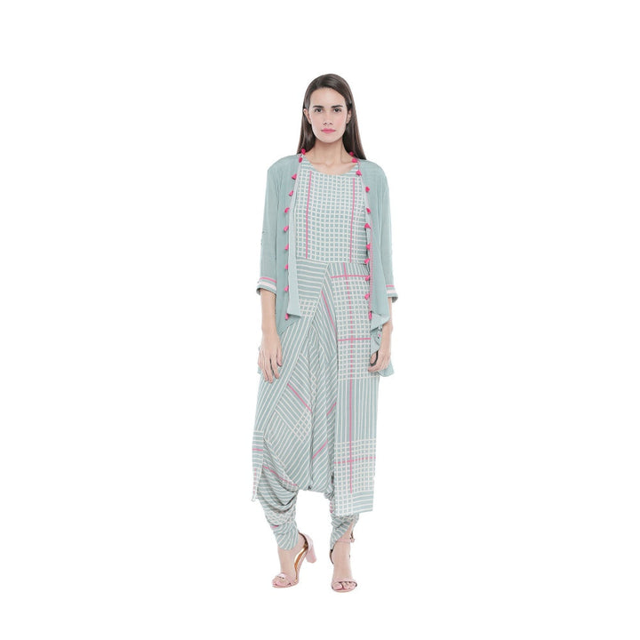 Soup by Sougat Paul Floral Printed Jacket With Checkered Jumpsuit - Customisable (Set of 2)