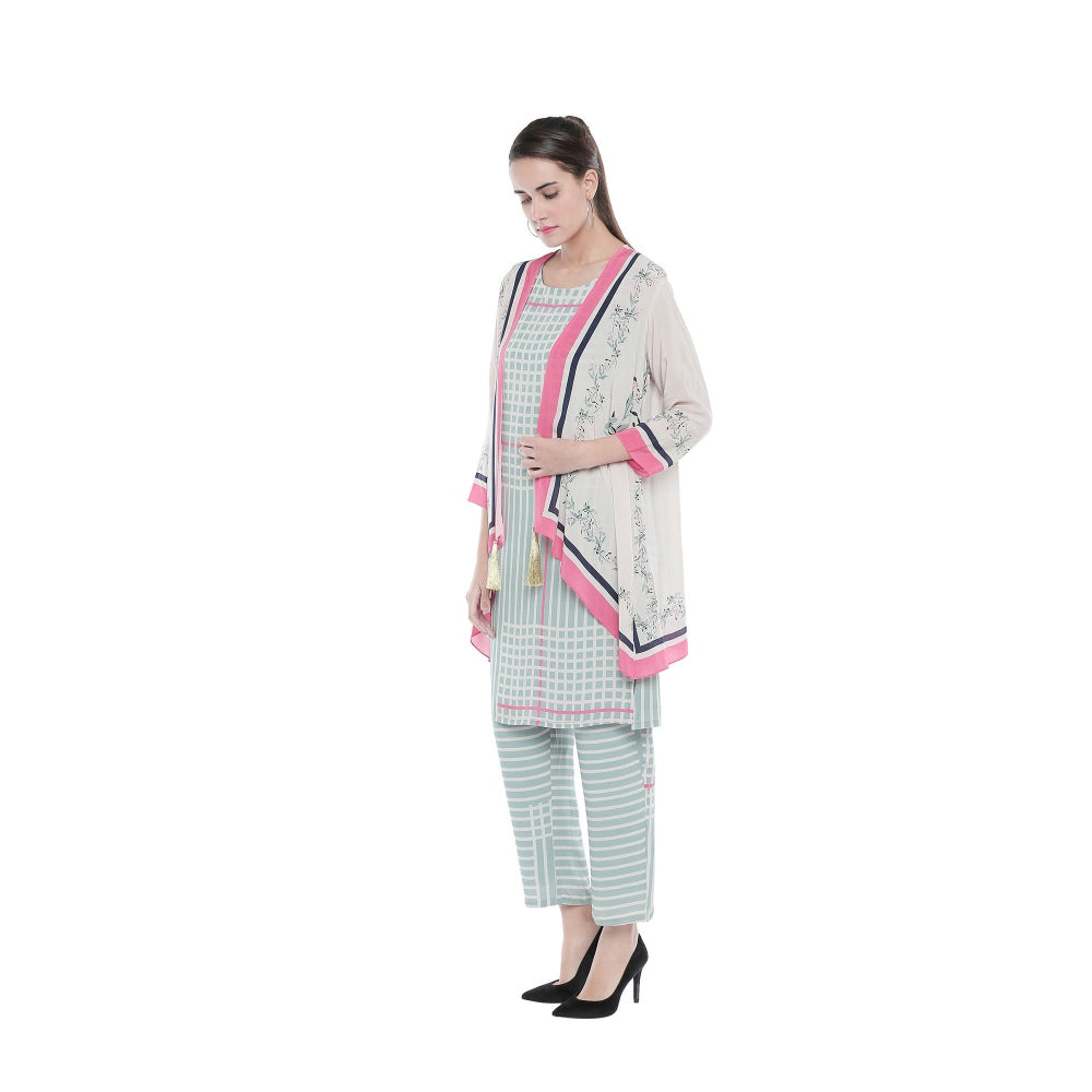 Soup by Sougat Paul Checkered Kurta And Pants With Floral Jacket - Customisable (Set of 3)