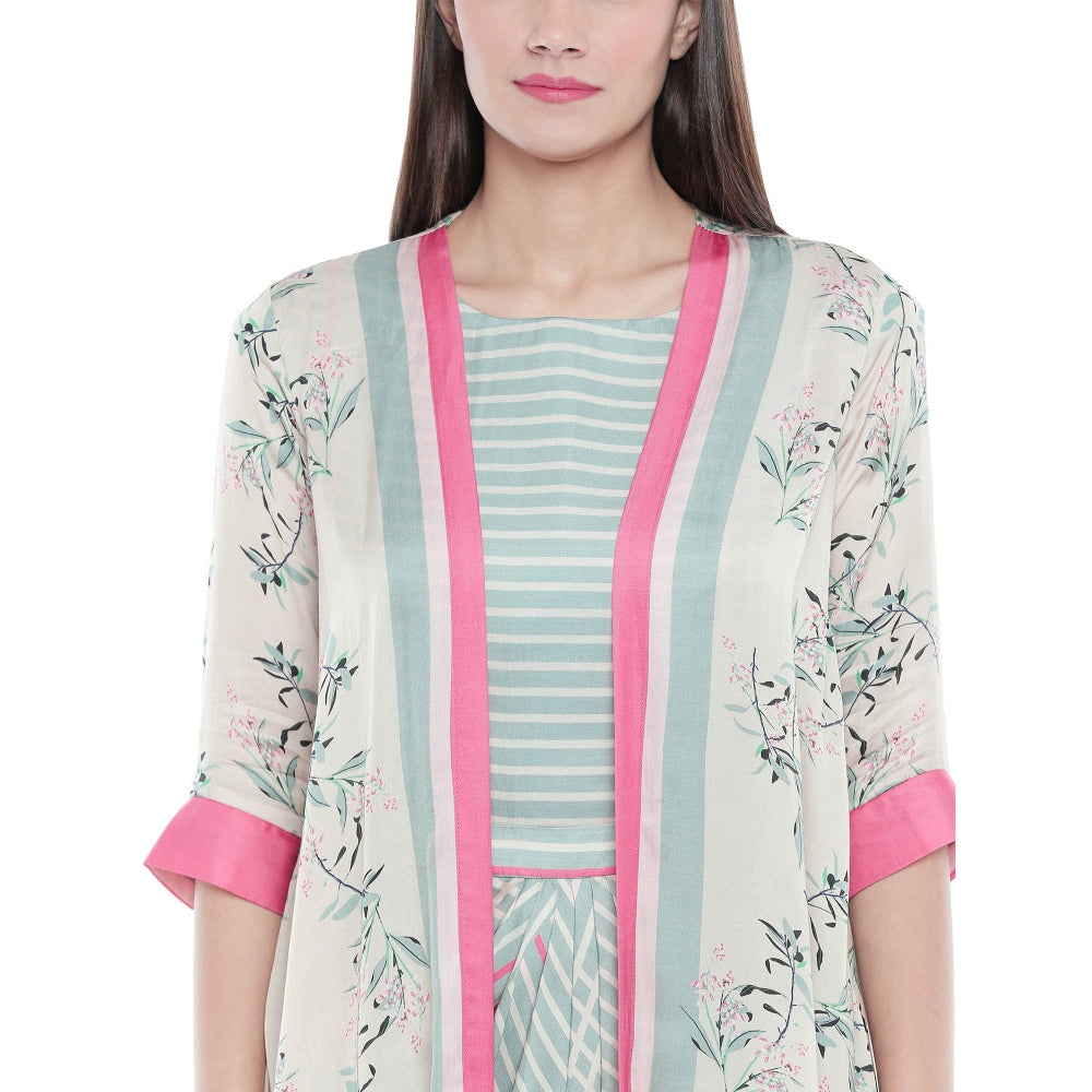 Soup by Sougat Paul Striped Drape Dress With Floral Jacket - Customisable (Set of 2)