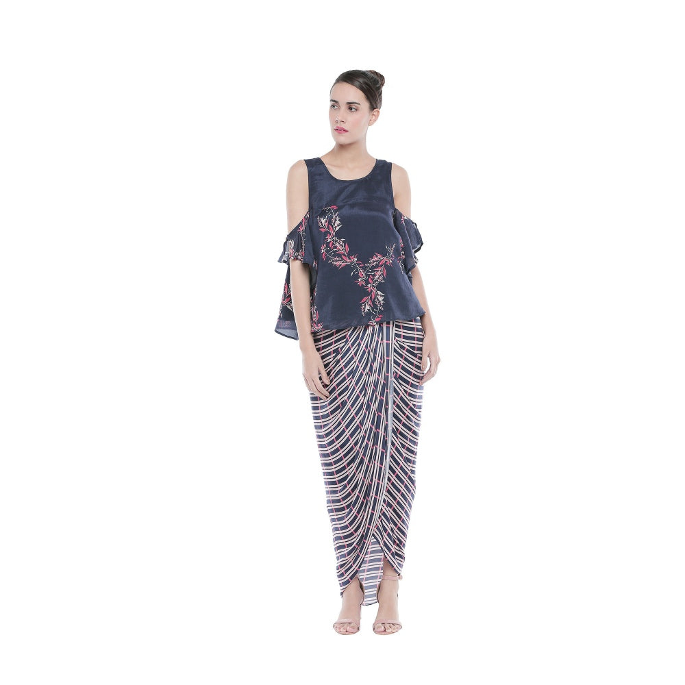 Soup by Sougat Paul Draped Checks Skirt & Printed Cold Shoulder Top-Customisable (Set of 2)