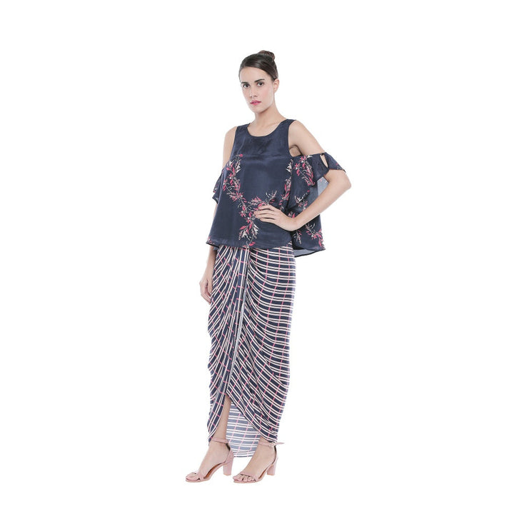 Soup by Sougat Paul Draped Checks Skirt & Printed Cold Shoulder Top-Customisable (Set of 2)