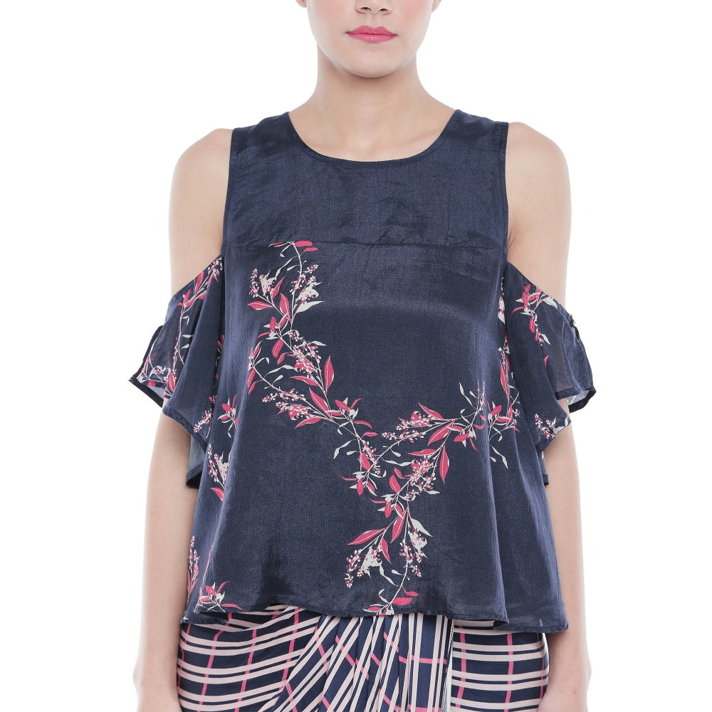 Soup by Sougat Paul Draped Checks Skirt & Printed Cold Shoulder Top-Customisable (Set of 2)