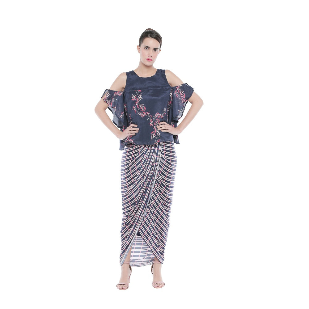 Soup by Sougat Paul Draped Checks Skirt & Printed Cold Shoulder Top-Customisable (Set of 2)