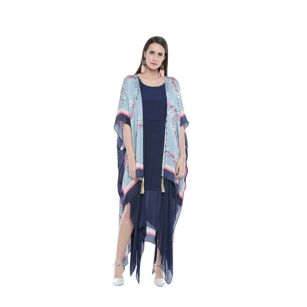 Soup by Sougat Paul Asymmetrical Solid Color Dress With Floral Cape - Customisable (Set of 2)