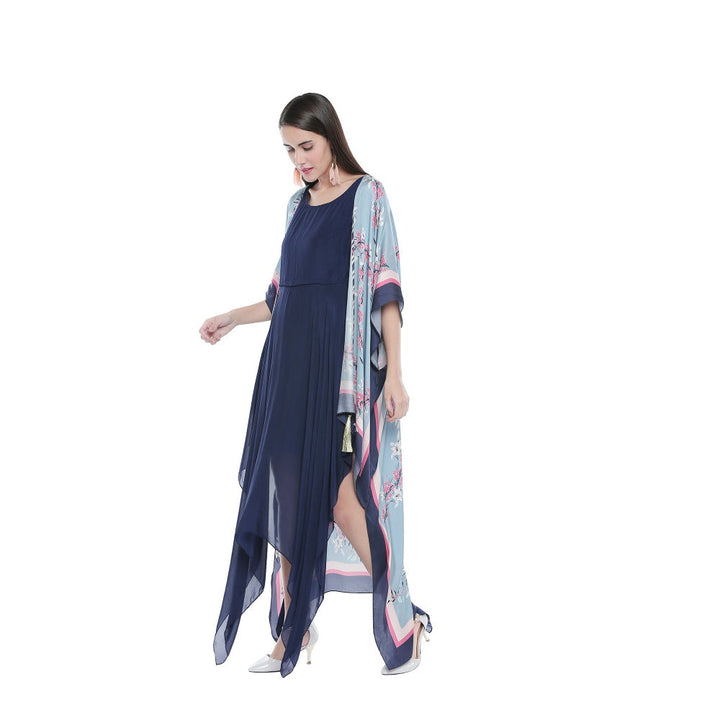 Soup by Sougat Paul Asymmetrical Solid Color Dress With Floral Cape - Customisable (Set of 2)