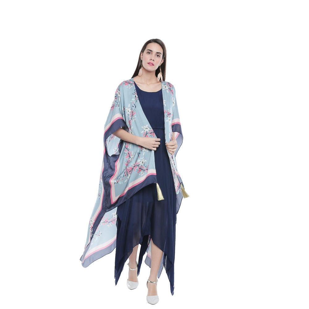 Soup by Sougat Paul Asymmetrical Solid Color Dress With Floral Cape - Customisable (Set of 2)