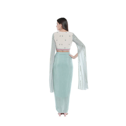 Soup by Sougat Paul Draped Solid Color Skirt And Floral Printed Top - Customisable (Set of 2)