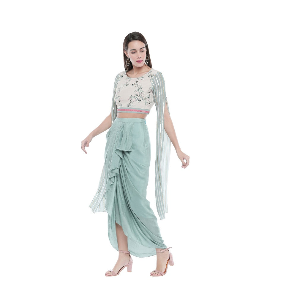 Soup by Sougat Paul Draped Solid Color Skirt And Floral Printed Top - Customisable (Set of 2)
