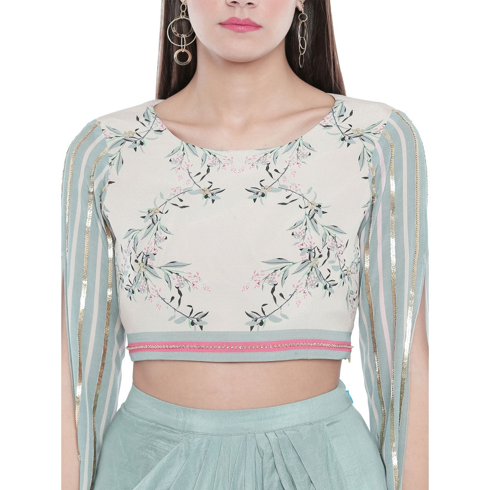 Soup by Sougat Paul Draped Solid Color Skirt And Floral Printed Top - Customisable (Set of 2)