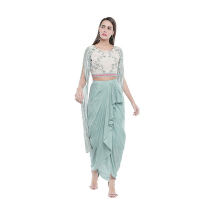 Soup by Sougat Paul Draped Solid Color Skirt And Floral Printed Top - Customisable (Set of 2)