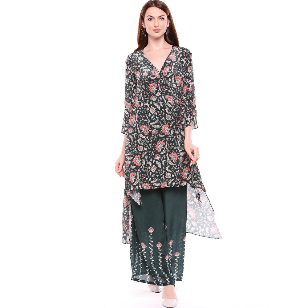 Soup by Sougat Paul Teal Wrap Kurta With Printed Pant - Customisable (Set of 2)
