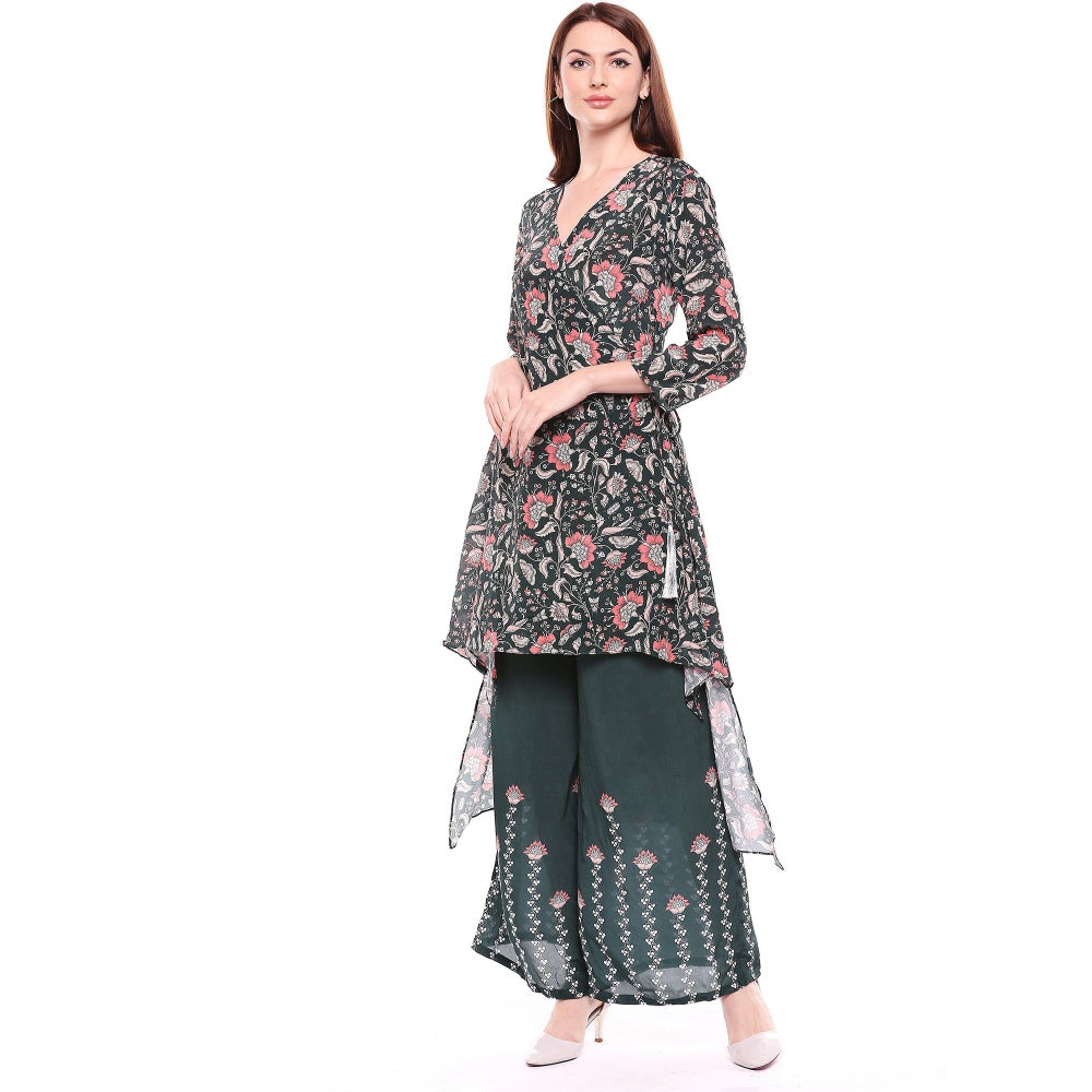 Soup by Sougat Paul Teal Wrap Kurta With Printed Pant - Customisable (Set of 2)
