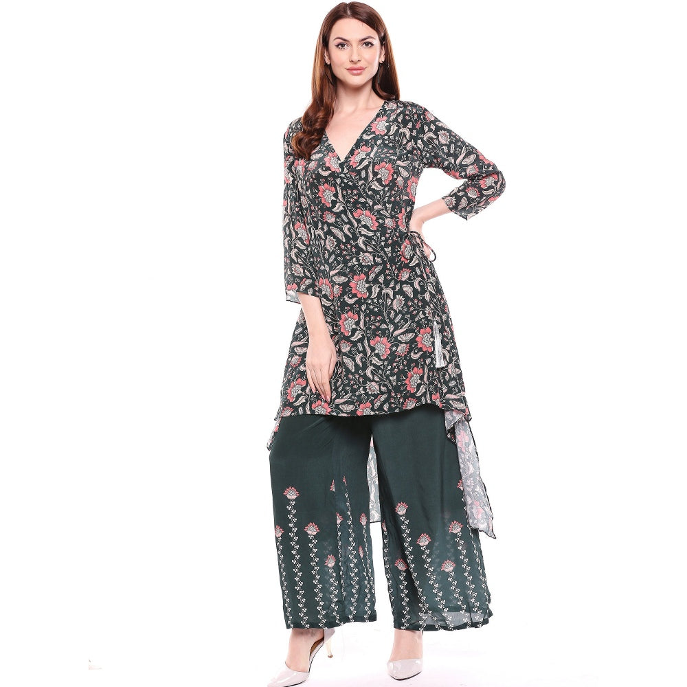 Soup by Sougat Paul Teal Wrap Kurta With Printed Pant - Customisable (Set of 2)