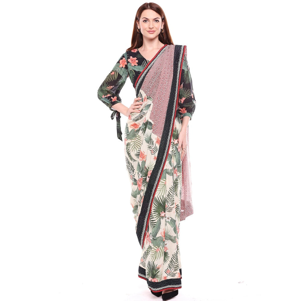 Soup by Sougat Paul Multi-Color Stitched Blouse & Saree - Customisable (Set of 2)
