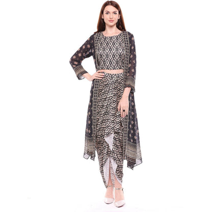 Soup by Sougat Paul Multi-Color Printed Crop Top With Drape Skirt & Jacket (Set of 3)