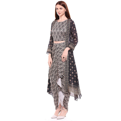 Soup by Sougat Paul Multi-Color Printed Crop Top With Drape Skirt & Jacket (Set of 3)