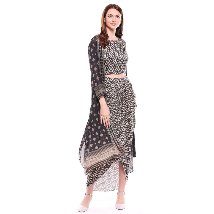 Soup by Sougat Paul Multi-Color Printed Crop Top With Drape Skirt & Jacket (Set of 3)