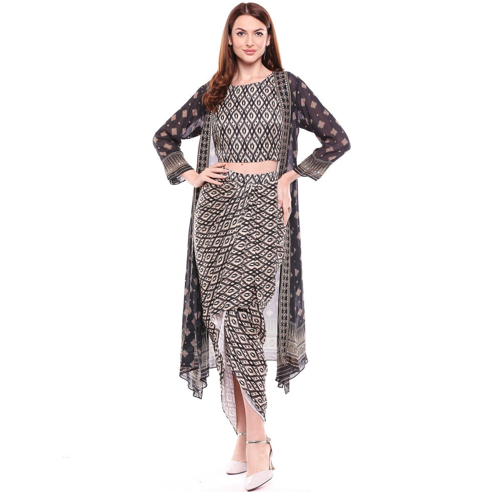 Soup by Sougat Paul Multi-Color Printed Crop Top With Drape Skirt & Jacket (Set of 3)