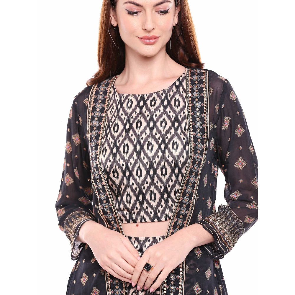 Soup by Sougat Paul Multi-Color Printed Crop Top With Drape Skirt & Jacket (Set of 3)