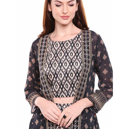 Soup by Sougat Paul Multi-Color Printed Crop Top With Drape Skirt & Jacket (Set of 3)