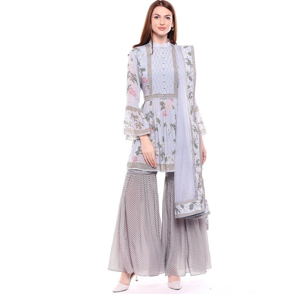Soup by Sougat Paul Blue Kurta With Sharara Pant & Dupatta - Customisable (Set of 3)