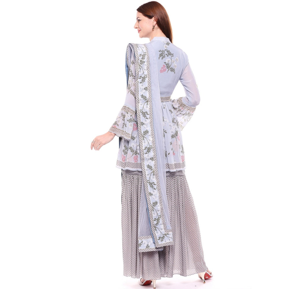 Soup by Sougat Paul Blue Kurta With Sharara Pant & Dupatta - Customisable (Set of 3)
