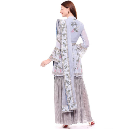 Soup by Sougat Paul Blue Kurta With Sharara Pant & Dupatta - Customisable (Set of 3)