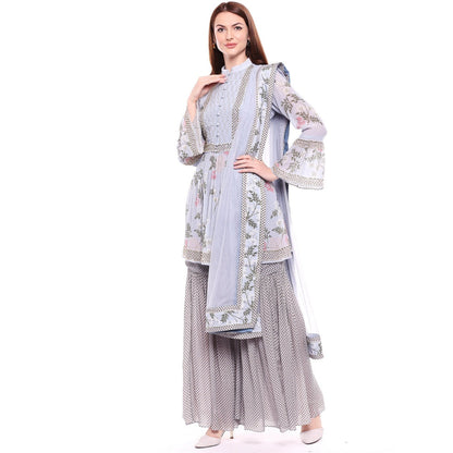 Soup by Sougat Paul Blue Kurta With Sharara Pant & Dupatta - Customisable (Set of 3)