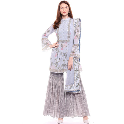 Soup by Sougat Paul Blue Kurta With Sharara Pant & Dupatta - Customisable (Set of 3)