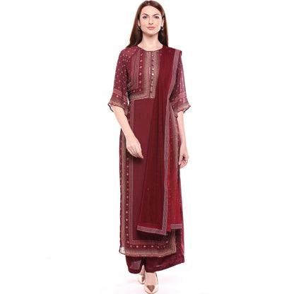 Soup by Sougat Paul Maroon Kurta With Palazzo & Dupatta - Customisable (Set of 3)