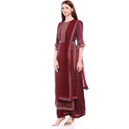 Soup by Sougat Paul Maroon Kurta With Palazzo & Dupatta - Customisable (Set of 3)