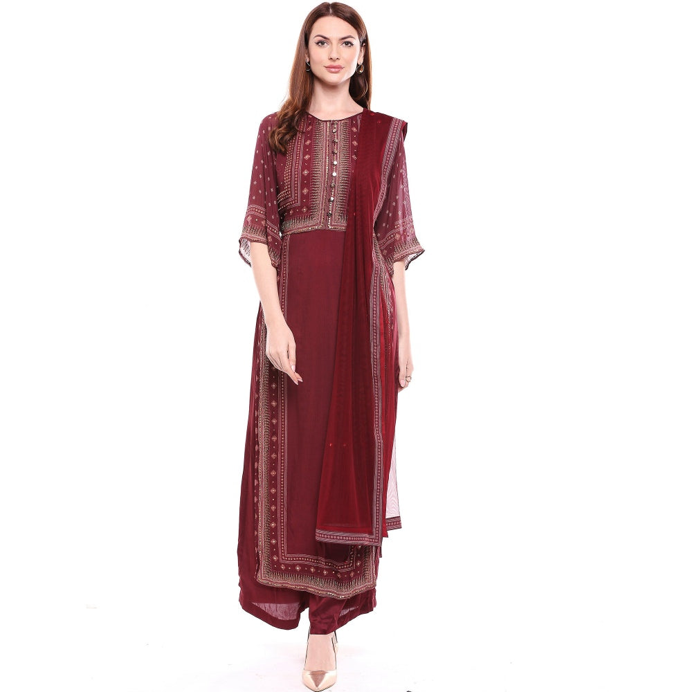 Soup by Sougat Paul Maroon Kurta With Palazzo & Dupatta - Customisable (Set of 3)