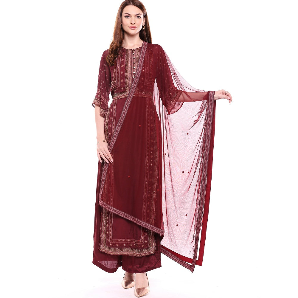 Soup by Sougat Paul Maroon Kurta With Palazzo & Dupatta - Customisable (Set of 3)