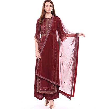 Soup by Sougat Paul Maroon Kurta With Palazzo & Dupatta - Customisable (Set of 3)