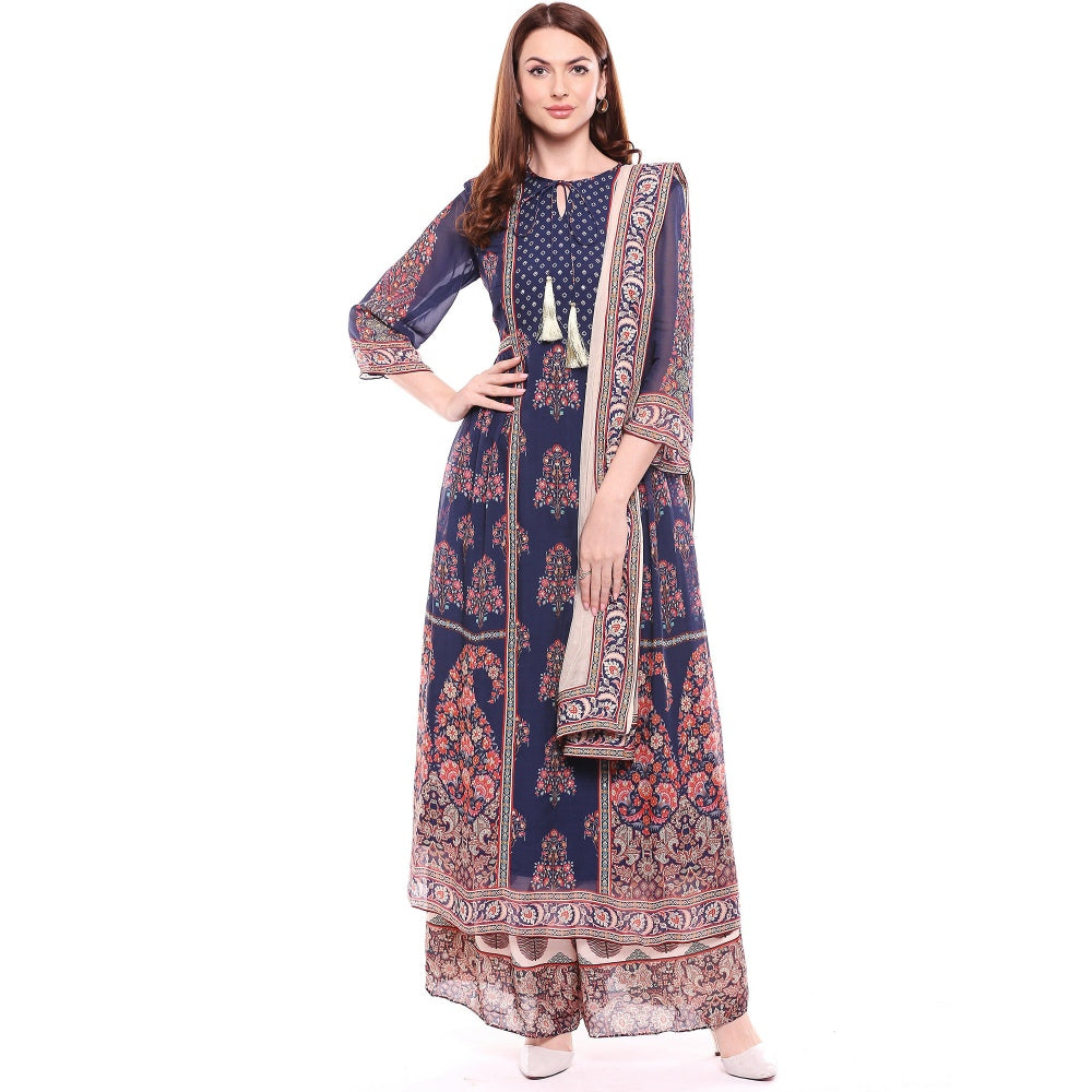 Soup by Sougat Paul Navy Blue Kurta With Palazzo & Dupatta - Customisable (Set of 3)