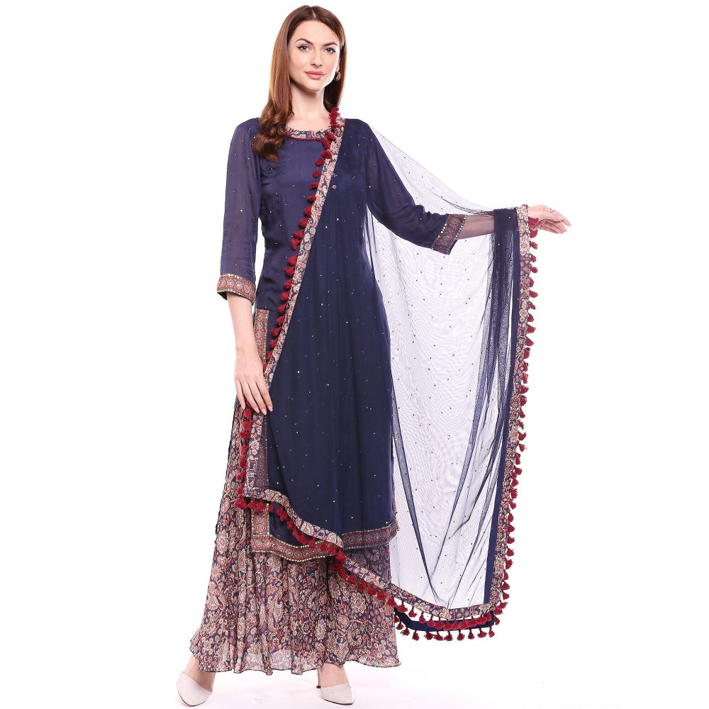 Soup by Sougat Paul Navy Blue Kurta With Pant & Dupatta - Customisable (Set of 3)