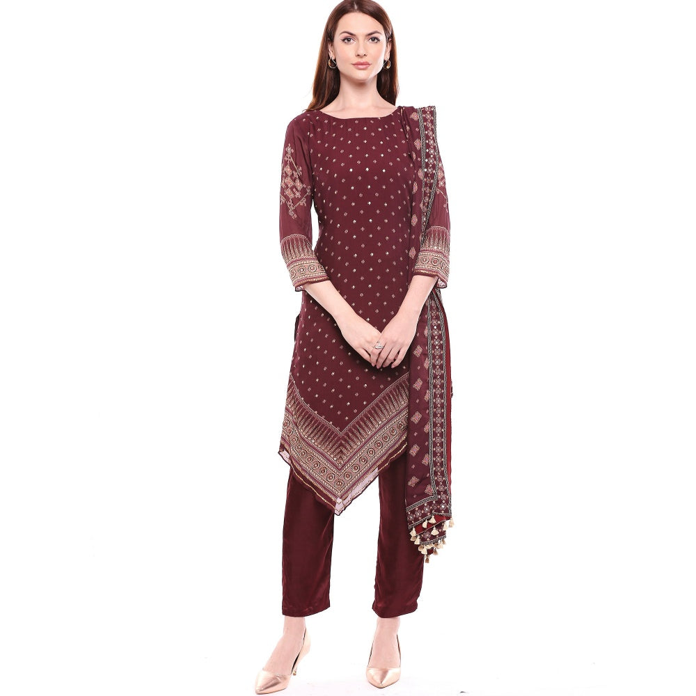 Soup by Sougat Paul Maroon Kurta With Pant & Dupatta - Customisable (Set of 3)