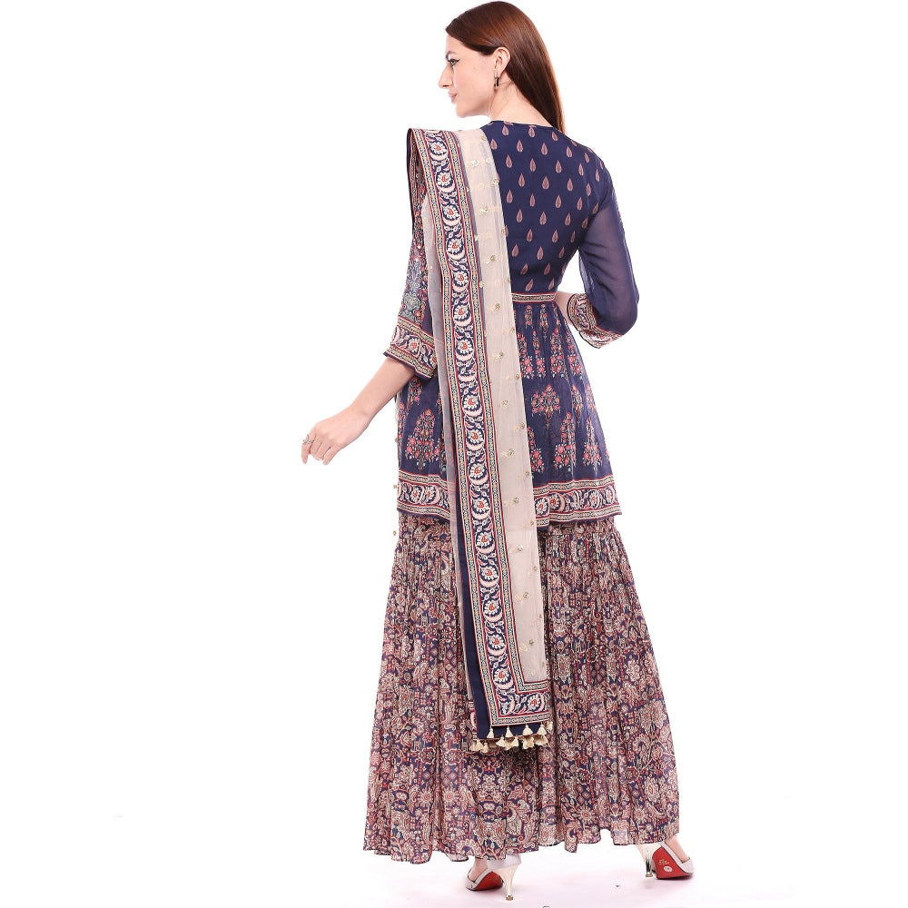 Soup by Sougat Paul Navy Blue Kurta With Sharara Pant & Dupatta - Customisable (Set of 3)