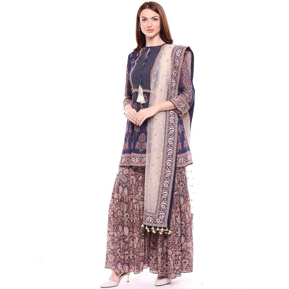 Soup by Sougat Paul Navy Blue Kurta With Sharara Pant & Dupatta - Customisable (Set of 3)